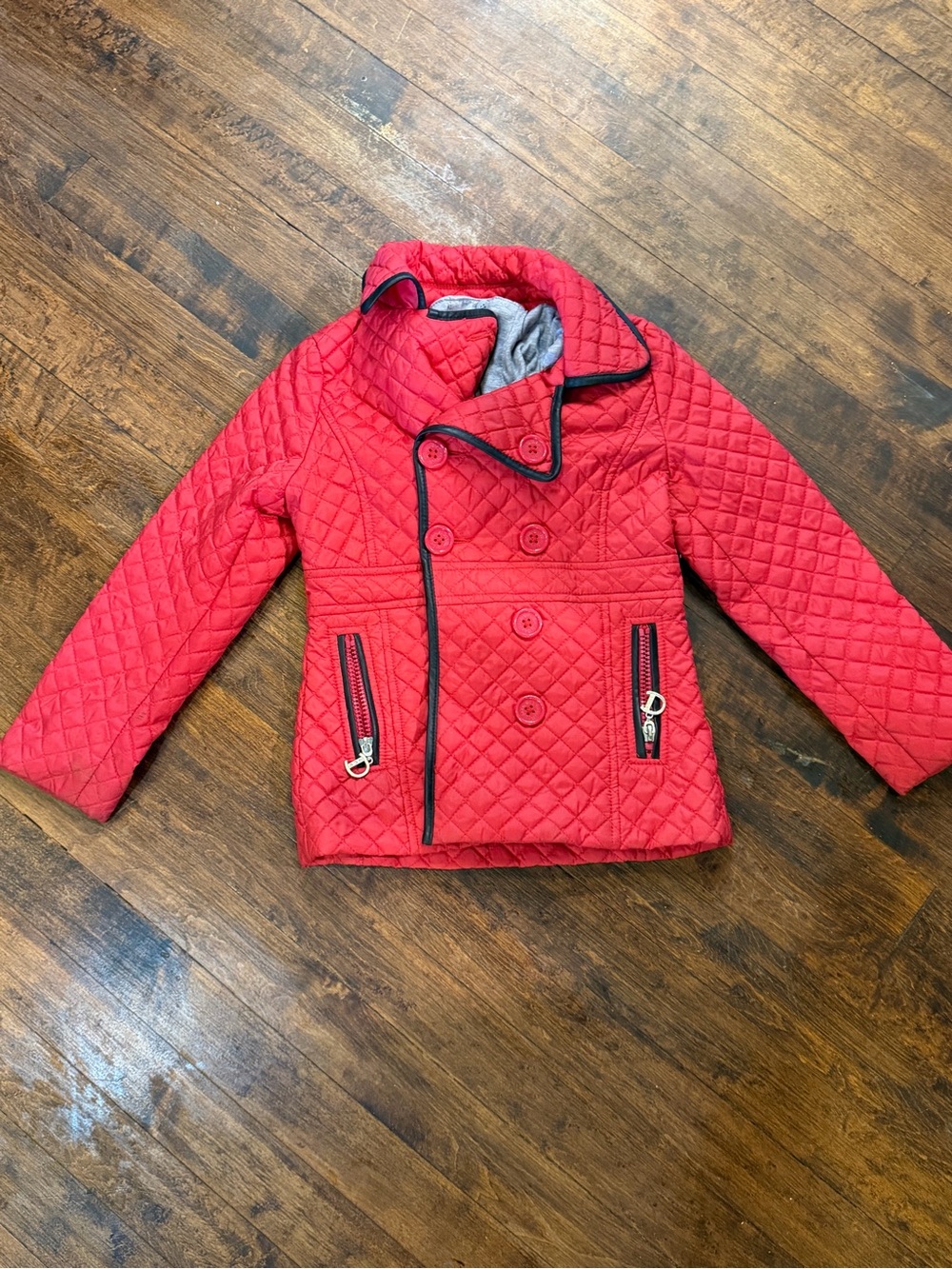 Kids Vintage Dollhouse Red Quilted Double-Breasted Puffer Jacket with Black Trim